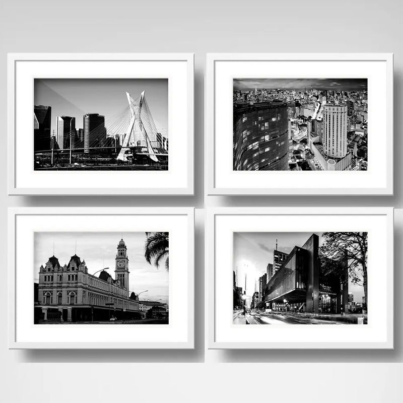 Set 4 Cuadros Sao Paulo Blanco Y Negro Ciudad Con Paspartu