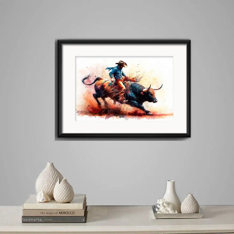 Cuadro Rodeo Jinete Pop Art Toro Decoracion Con Paspartú Modelo 1 Con Marco Negro