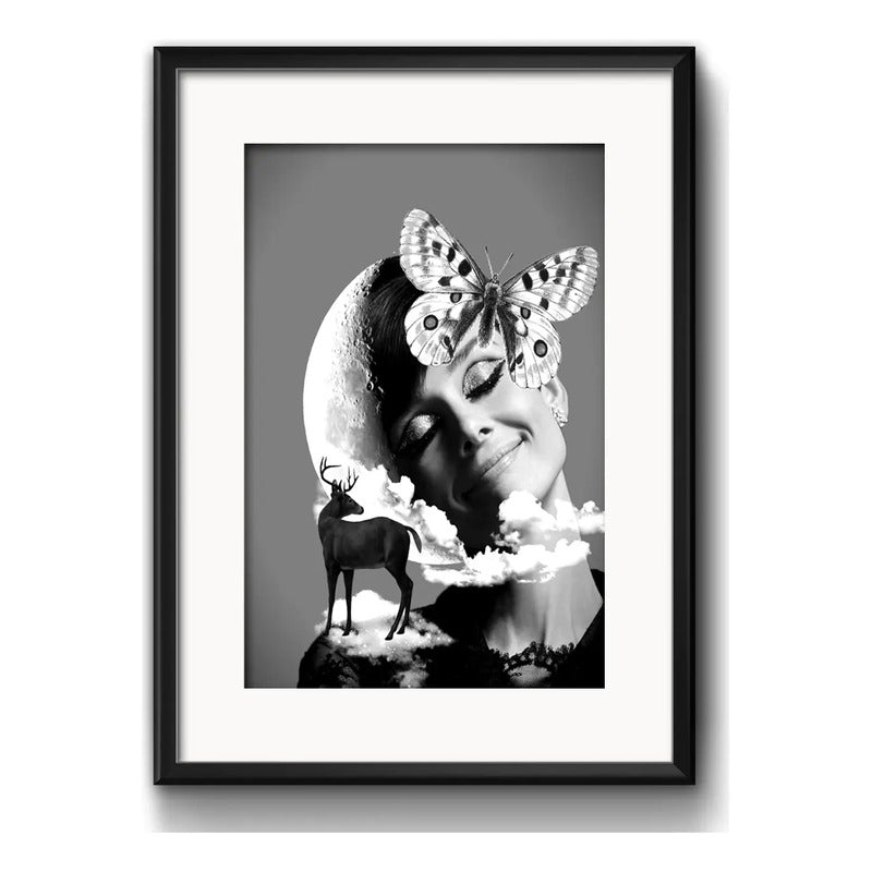 Cuadro Audrey Hepburn Mariposa Luna Naturaleza Con Paspartú Marco Negro