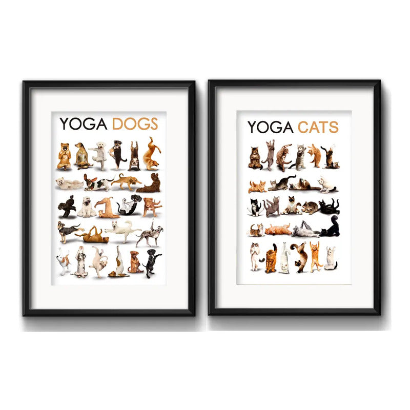 Set 2 Cuadros Yoga Dogs Cats Perro Gato Mascota Con Paspartú
