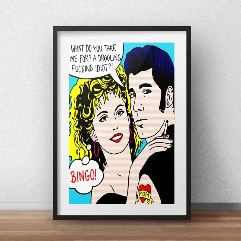Cuadro Grease Pop Art John Travolta Pelicula Con Paspartú Marco Negro