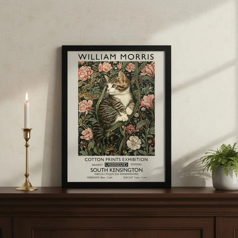 Cuadro Gato Flores William Morris Gatito Arte Exposición Marco Negro