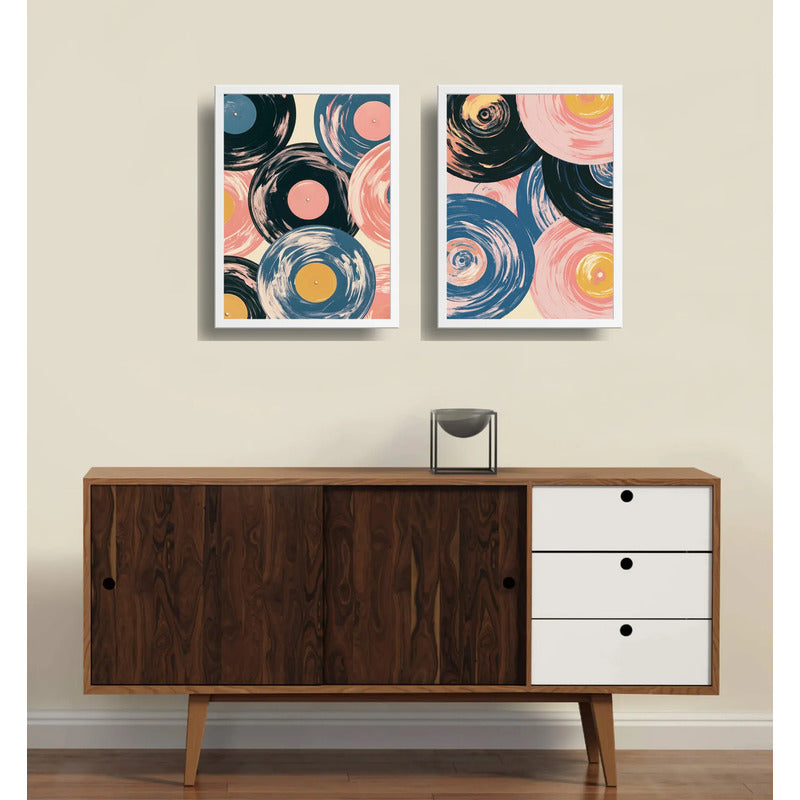 Set 2 Cuadros Dormitorio Living Abstracto Discos De Vinilo Marco Blanco