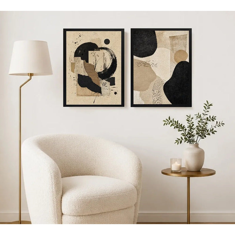 Set 2 Cuadros Boho Arte Abstracto Beige Crema Decora Living Marco Negro