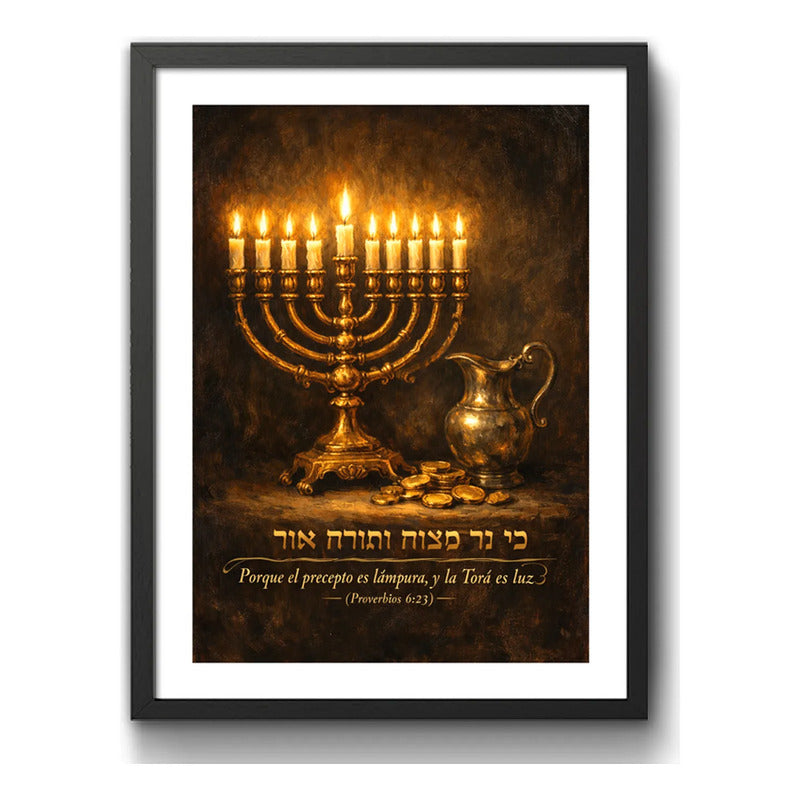 Cuadro Arte Judaico Hanukkah Proverbios 6:23 Preceptos Tora Marco Negro