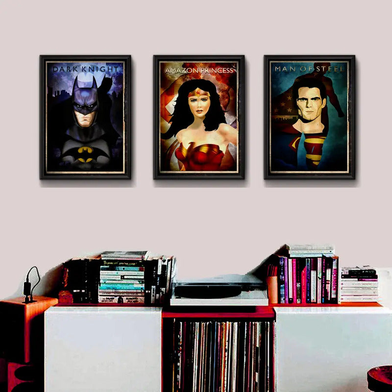 Set 3 Cuadros Batman Mujer Maravilla Superman Héroes Comics