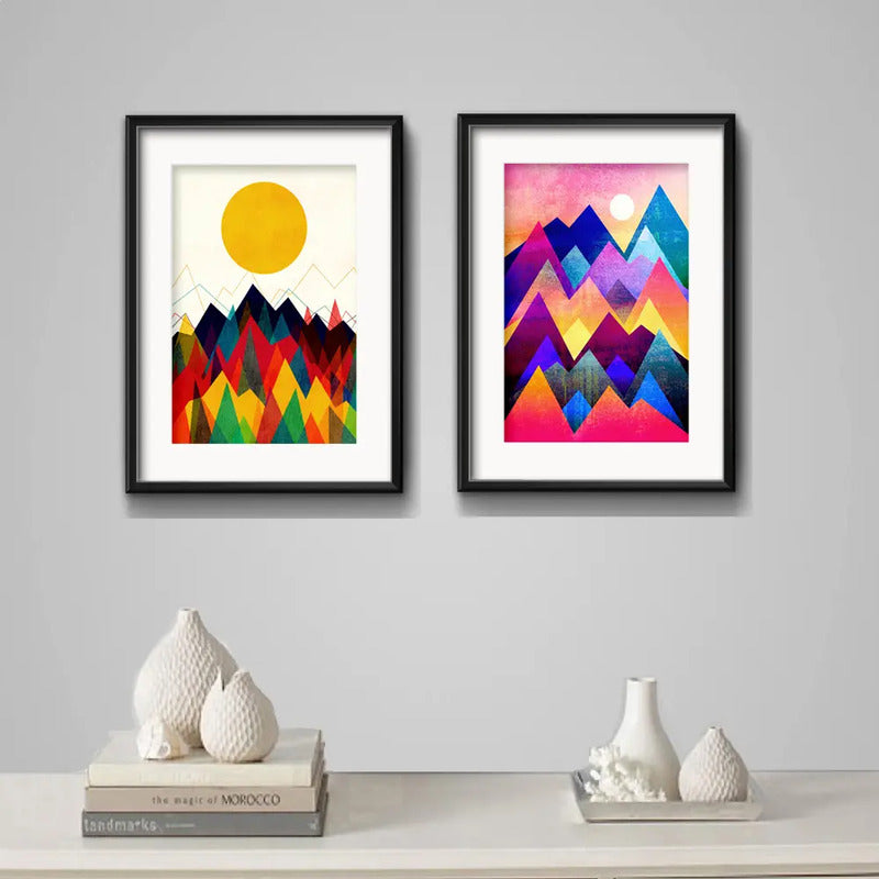 Set 2 Cuadros Geometrico Escandinavo Sol Montañas Paspartú