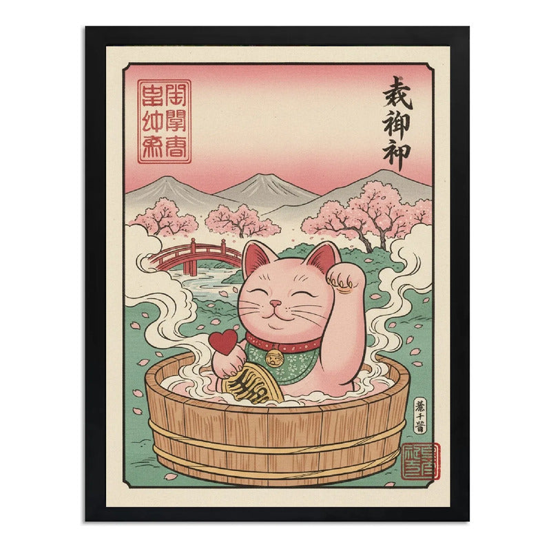 Cuadro Bano Gato De La Suerte Banera Rosa Flor Cerezo Japón Marco Negro