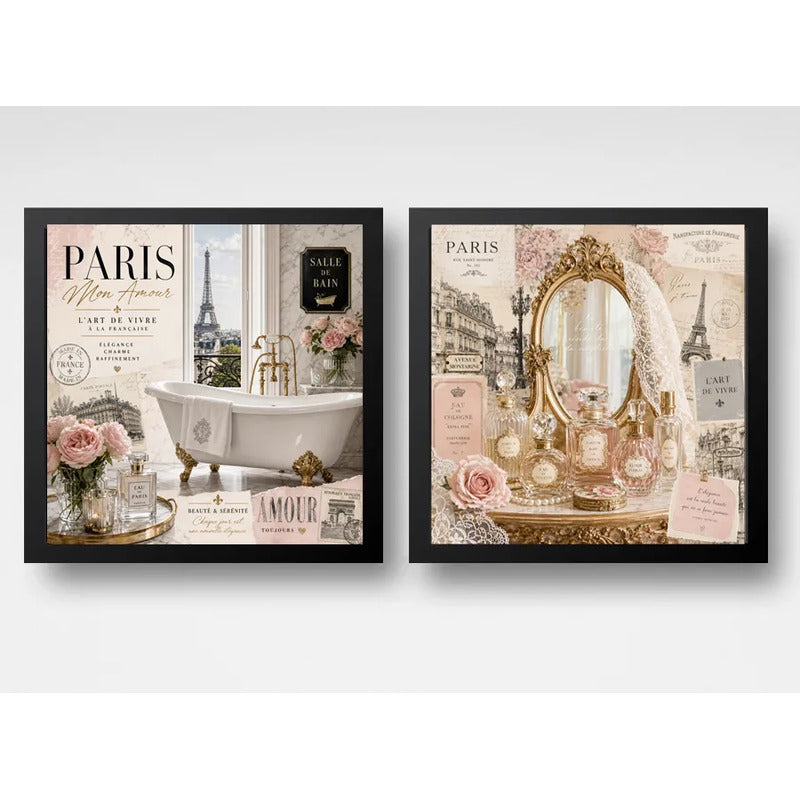Set 2 Cuadros Decoracion Bano Paris Retro Banera Perfumes Marco Negro