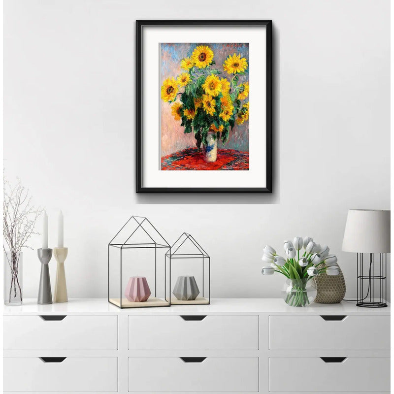 Cuadro Claude Monet Jarrón De Girasoles 53x43cm Con Paspartú Marco Negro