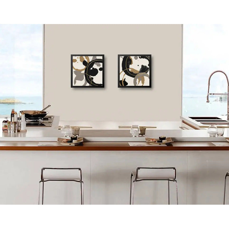 Set 2 Cuadros Living Cocina Café Arte Abstracto Tonos Pastel Marco Negro