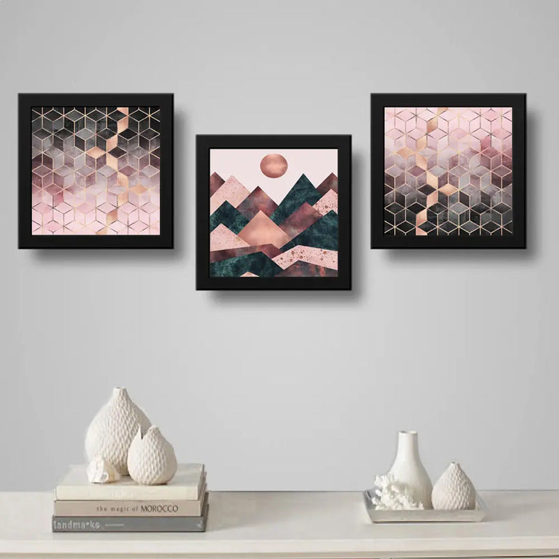 Set 3 Cuadros Abstracto Rose Gold Escandinavo Geometrico Art