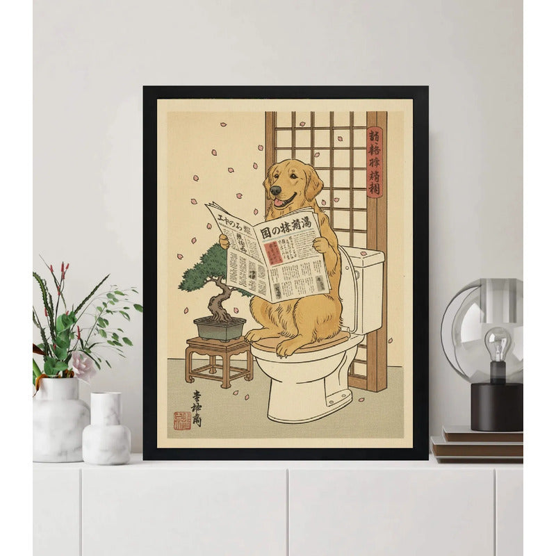 Cuadro Bano Perro Labrador Flores Cerezo Japón Decoracion Marco Negro