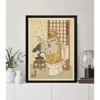 Cuadro Bano Perro Labrador Flores Cerezo Japón Decoracion Marco Negro