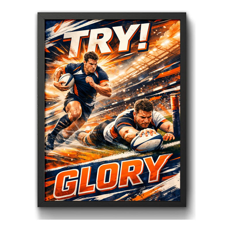 Cuadro Rugby Art Try Glory Jugador Club Deportes Decoracion Marco Negro