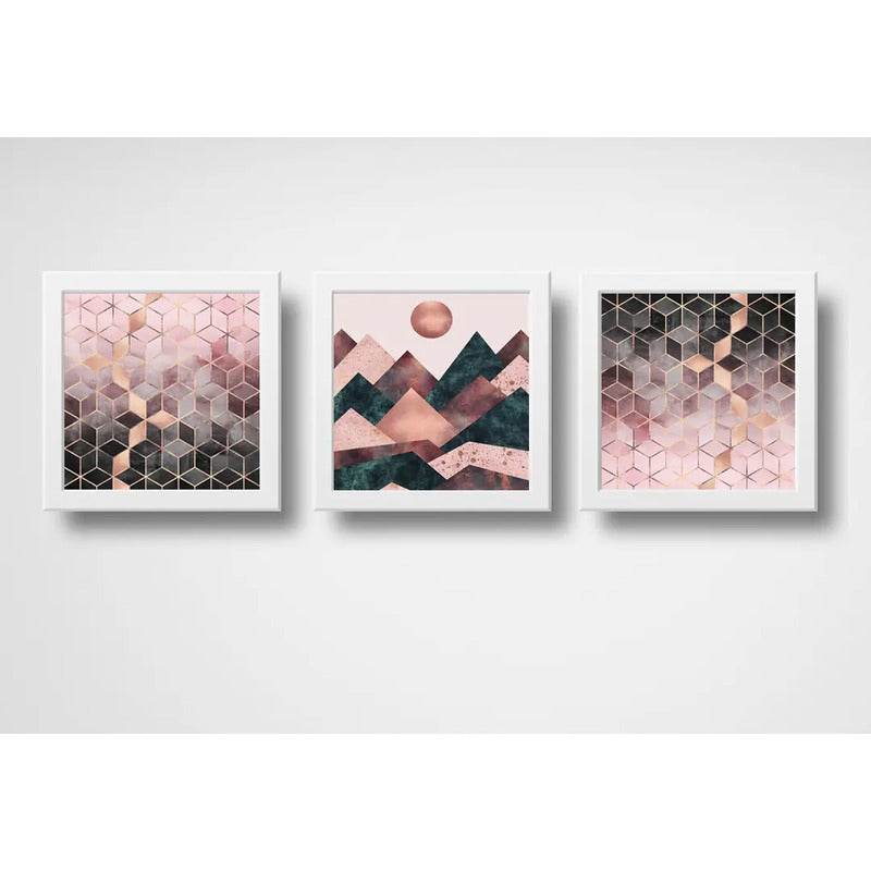 Set 3 Cuadros Abstracto Rose Gold Escandinavo Geometrico Art