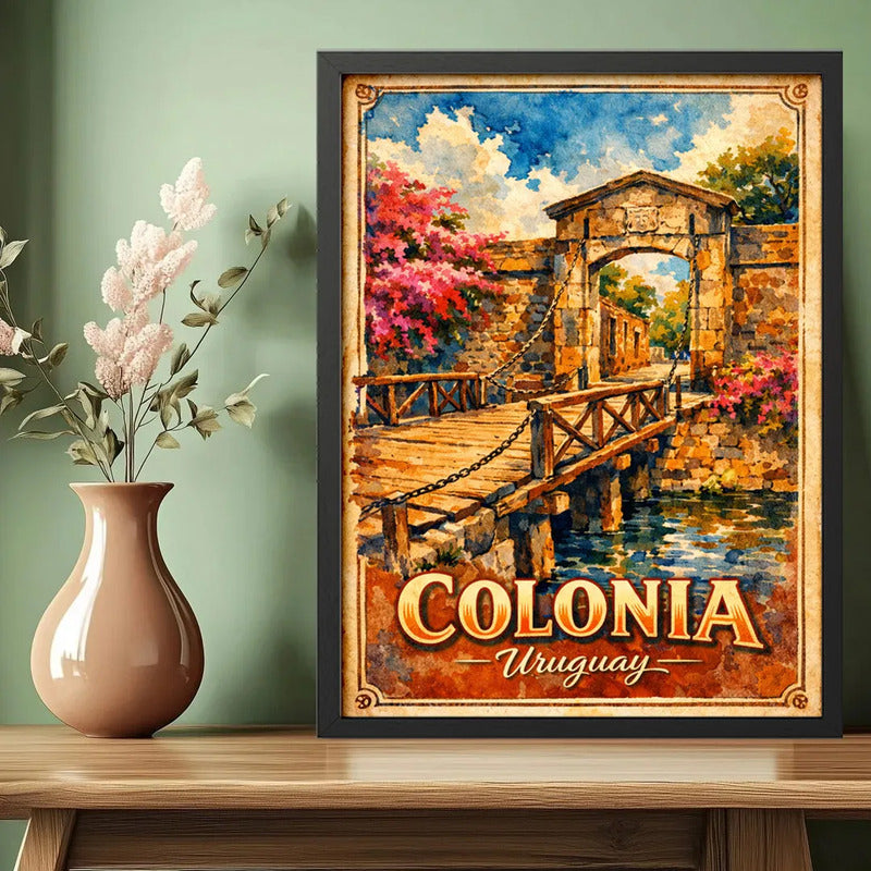 Cuadro Colonia Del Sacramento Puerta Ciudadela Retro Uruguay Marco Negro