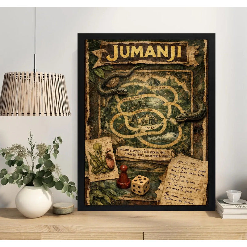 Cuadro Jumanji En La Selva Pelicula Mapa Tablero Arte Retro Marco Negro