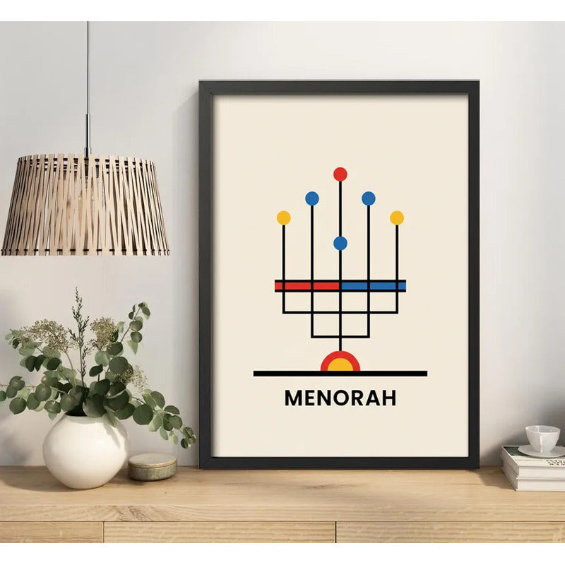 Cuadro Arte Judaico Menorah Candelabro Arte Estilo Bauhaus Marco Negro