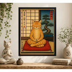 Cuadro Gato Haciendo Yoga Arte Japones Zen Neko Feng Shui Marco Negro