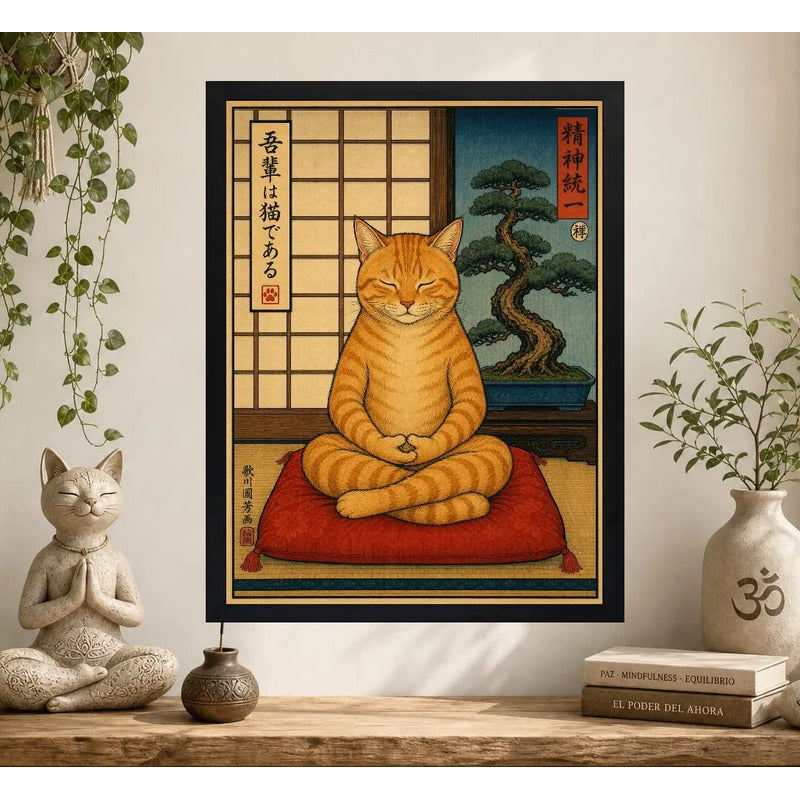 Cuadro Gato Haciendo Yoga Arte Japones Zen Neko Feng Shui Marco Negro