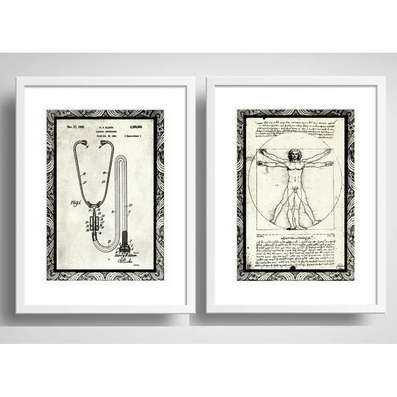 Set 2 Cuadros Medico Estetoscópio Hombre Vitruvio Paspartu