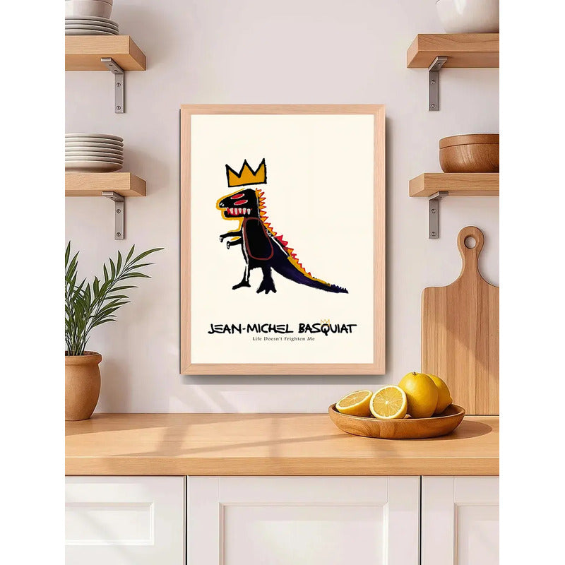 Cuadro Basquiat Dinosaurio Pez Dispenser Arte Urbano Oak Marco Marrón Claro