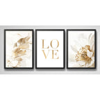 Set 3 Cuadros Hojas Doradas Love Botanica Tonos Suaves Marco Negro