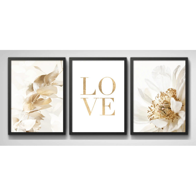 Set 3 Cuadros Hojas Doradas Love Botanica Tonos Suaves Marco Negro