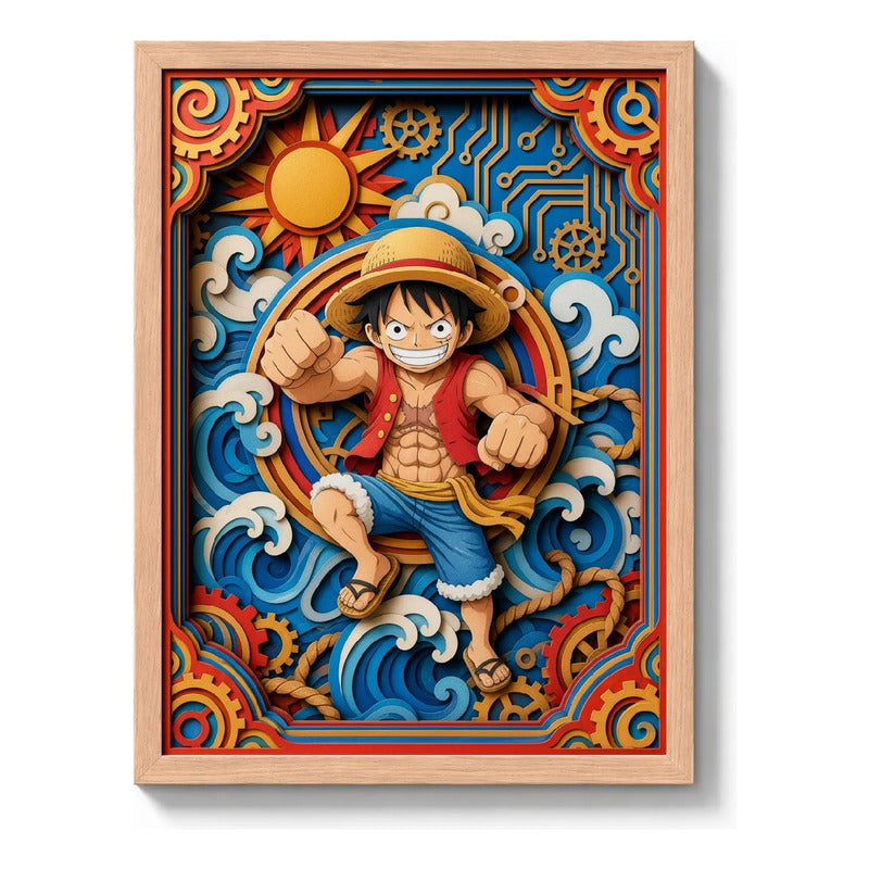 Cuadro Monkey Luffy Efecto 3d One Piece Anime Japones Marco Madera Oak Madera Clara
