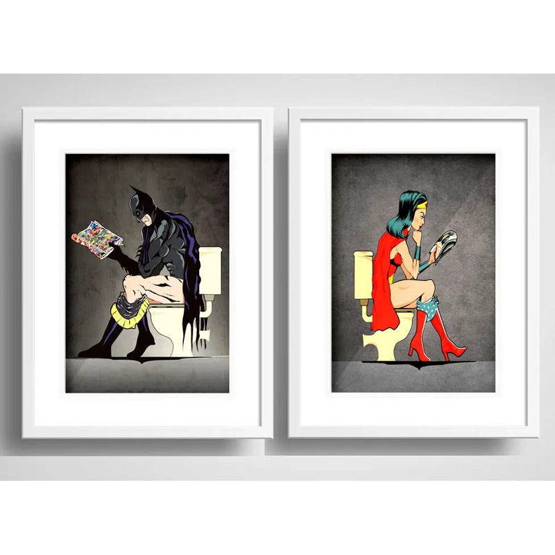 Set 2 Cuadros Heroes Baño Batman Mujer Maravilla Paspartú