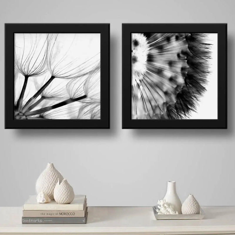 Set 2 Cuadros Flor Diente De Leon Taraxacum B/n 33x33cm Marco Negro