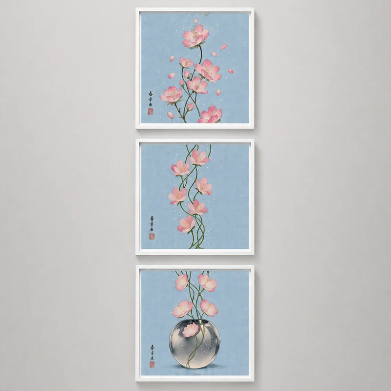 Set 3 Cuadros Flores Cerezo Arte Japones Tonos Azul 33x33cm Marco Blanco