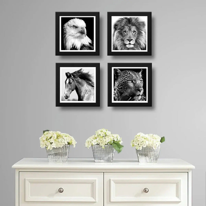 Set 4 Cuadros León Águila Caballo Leopardo En Blanco Y Negro