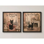 Set 2 Cuadros Decoracion Bano Gato Negro Paris Retro Sillón Marco Negro