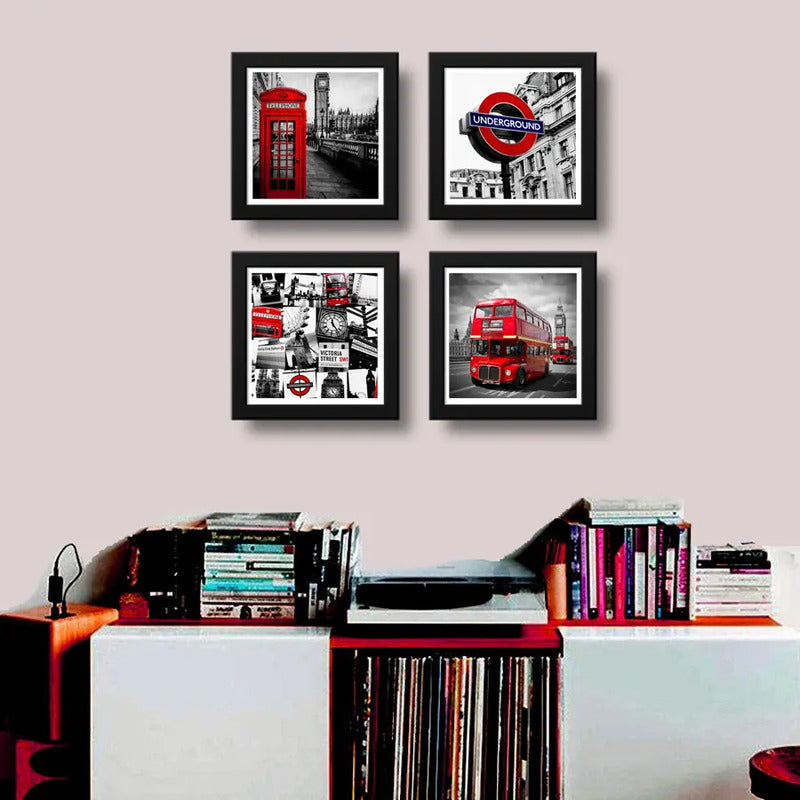 Set 4 Cuadros Londres Uk Blanco Negro Rojo Ciudad Decoracion