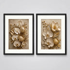 Set 2 Cuadros Flores Blancas Tonos Beige Lujosa Con Paspartú 43x33cm Cada Cuadro Negro