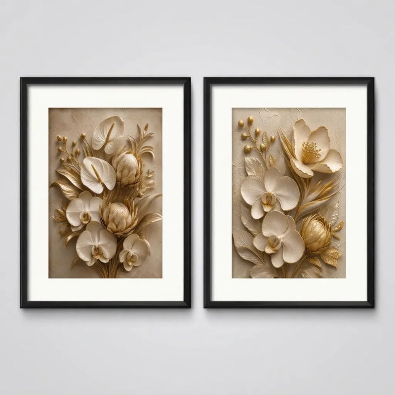 Set 2 Cuadros Flores Blancas Tonos Beige Lujosa Con Paspartú 43x33cm Cada Cuadro Negro