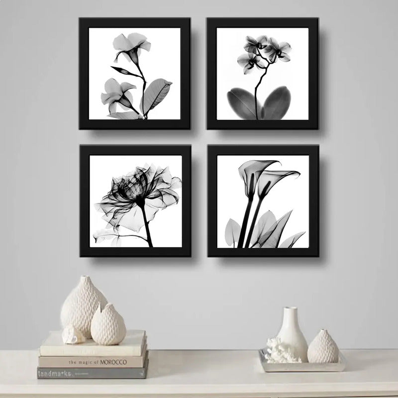 Set 4 Cuadros Flores Minimalista Floral Arte Blanco Y Negro