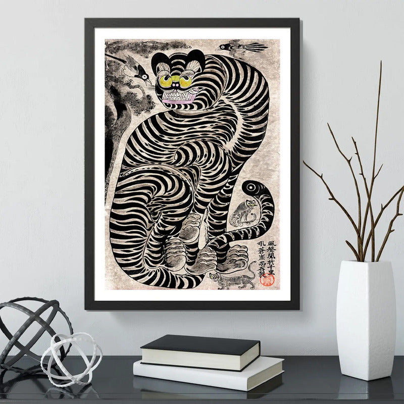 Cuadro Minhwa Tigre Talismánico Arte Folclórico Coreano Marco Negro