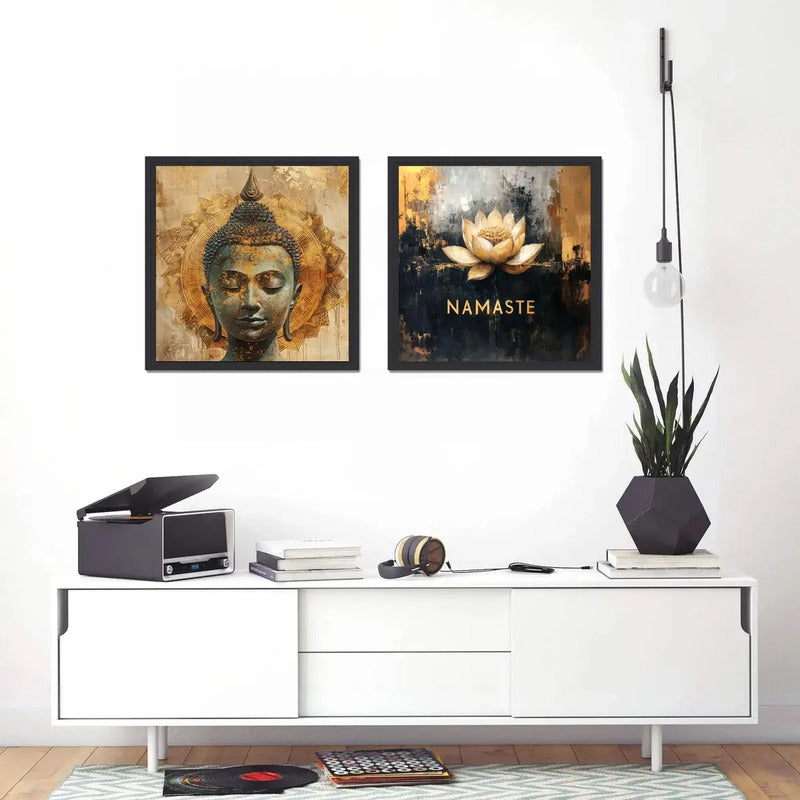 Set 2 Cuadros Buda Flor De Loto Feng Shui Zen Casa - 33x33cm Buda Namaste Negro