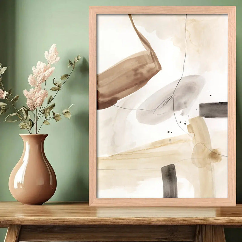 Cuadro Dormitorio Living Boho Abstracto Beige Acuarela Oak Marco Marrón Claro