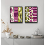 Set 2 Cuadros Dormitorio Living Abstracto Arte Verde Púrpura Marco Negro