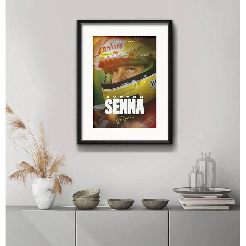 Cuadro Ayrton Senna Formula 1 Casco 53x43cm Con Paspartú Marco Negro