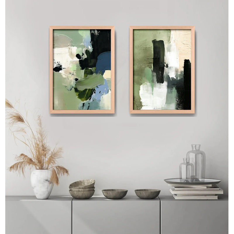 Set 2 Cuadros Dormitorio Living Abstracto Mossy Calm Verde Marco Marrón Claro