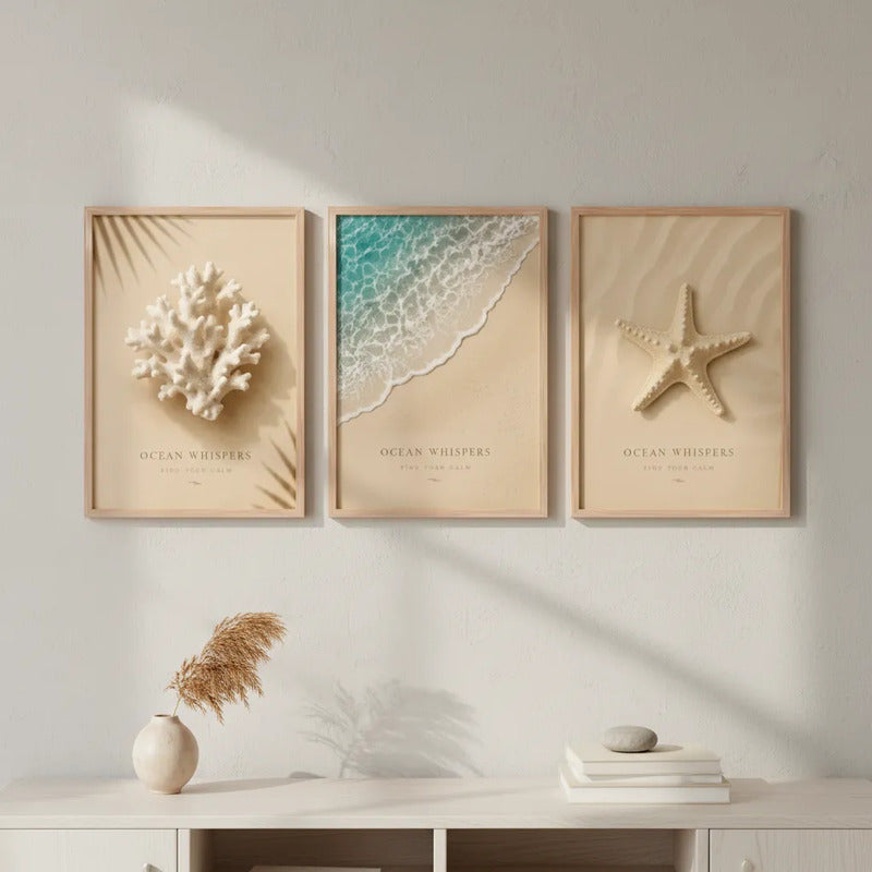 Set 3 Cuadros Paisajes De Playa Concha Estrella Coral Frases Marco Marrón Claro