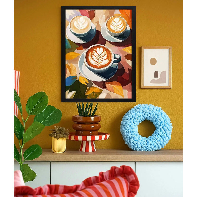 Cuadro Cafés Latte Hojas De Otoño Arte Cocina Decoracion Marco Negro