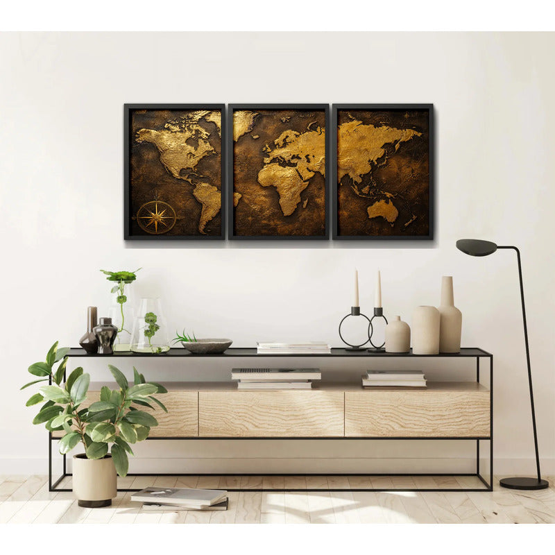 Set 3 Cuadros Mapamundi Mapa Mundo Brs2 Decoracion Oficina Marco Negro