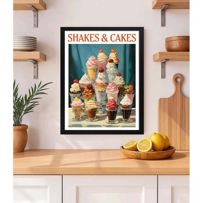 Cuadro Shakes & Cakes Copas Helado Retro Bake Chef Cocina Marco Negro