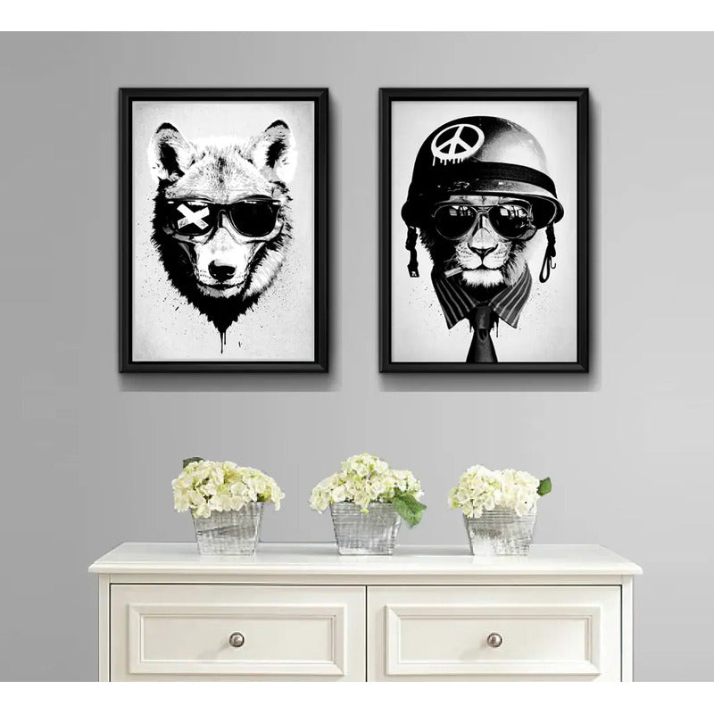 Set 2 Cuadros Lobo León Animales Arte Urbano Decoracion